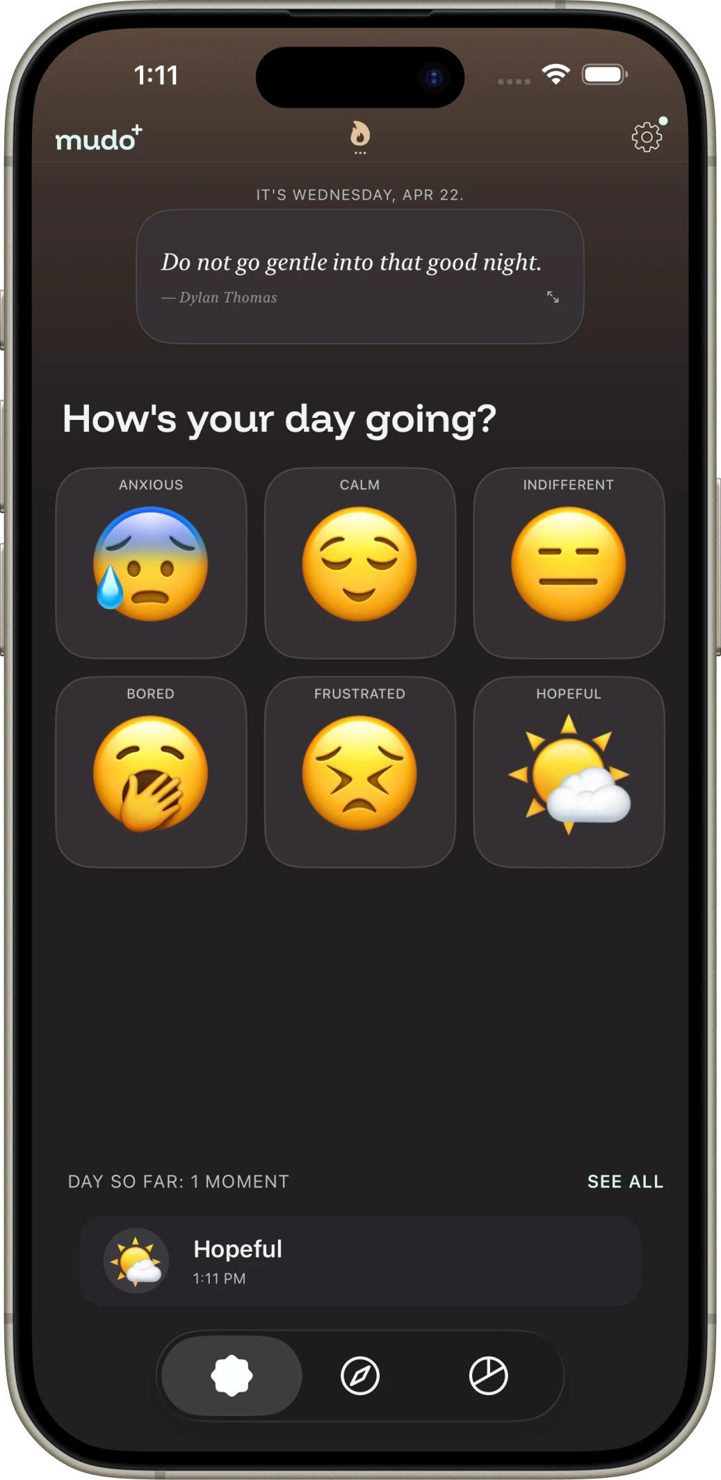 Mudo app home screen in dark mode: a calm mood check-in interface