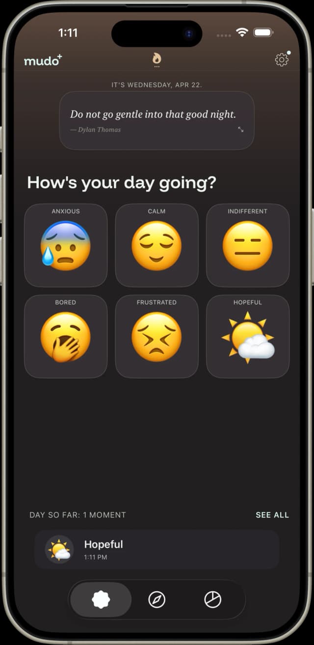 Mudo mood check-in screen with six-mood grid