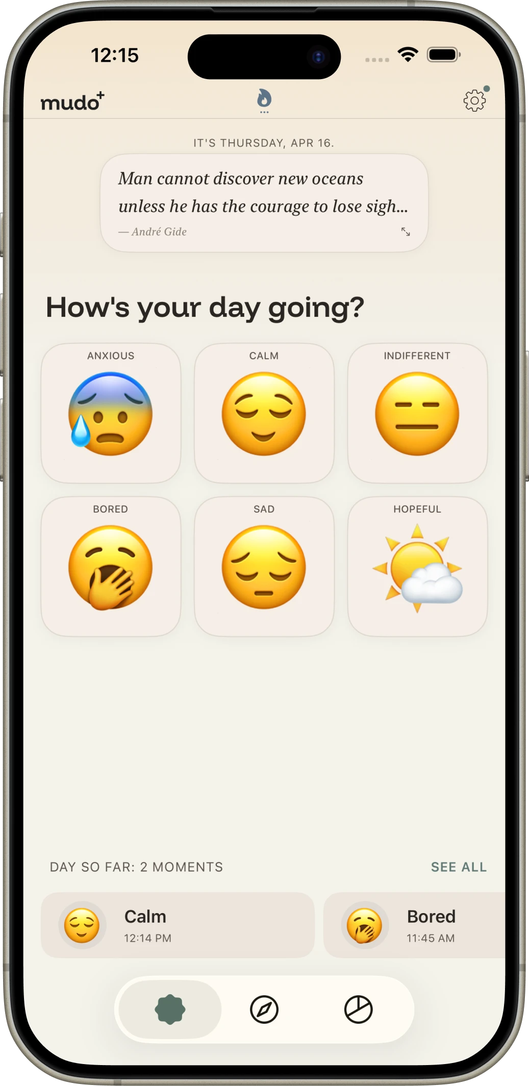 Mudo app home screen: a calm, warm check-in interface with six mood levels