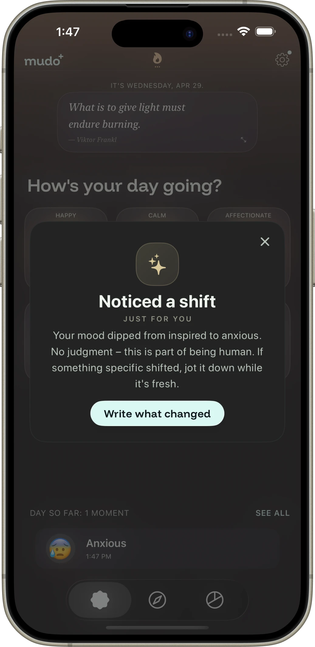 Mudo Lock Screen widget — log a mood without opening the app