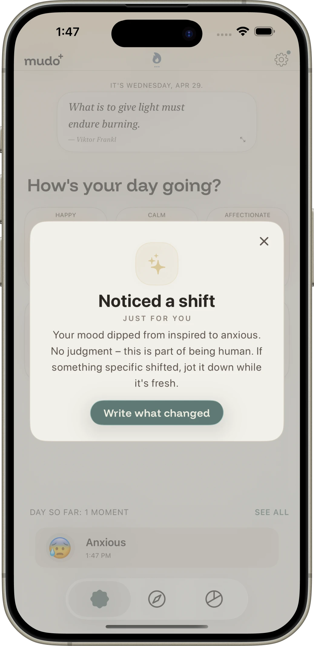 Mudo Lock Screen widget — log a mood without opening the app